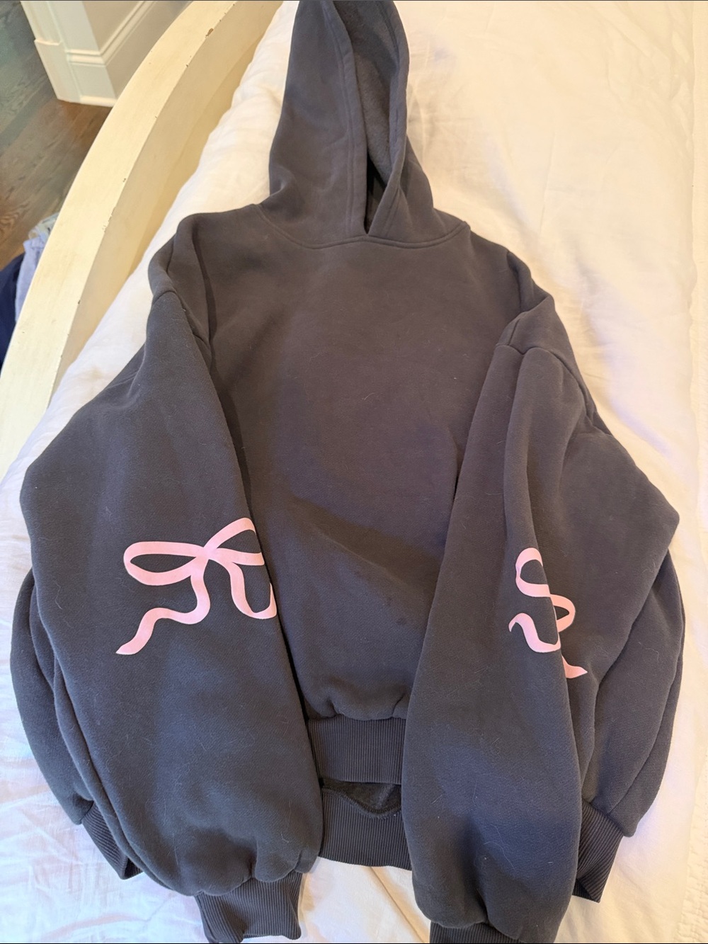 Edikted Charcoal Gray Hoodie with Pink Ribbon Graphics